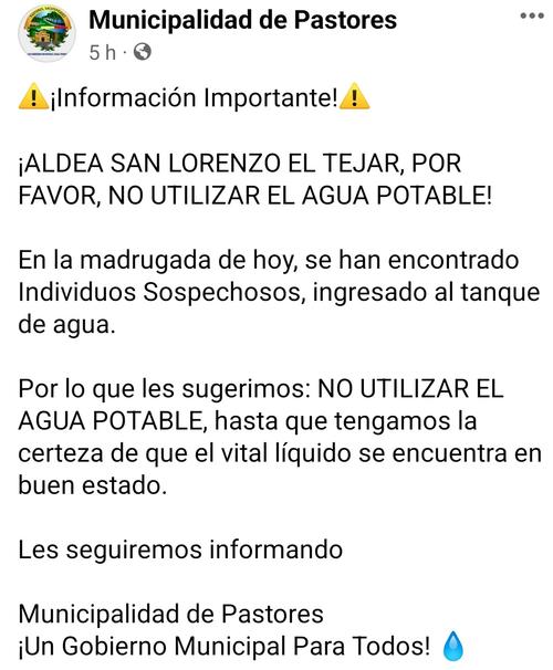 Pastores, Alerta, contaminaci&oacute;n agua