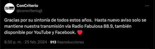 ConCriterio, &uacute;ltima emisi&oacute;n, televisi&oacute;n 