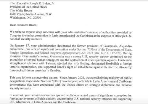 Carta de los ocho senadores al presidente Joe Biden. (Foto: USS)