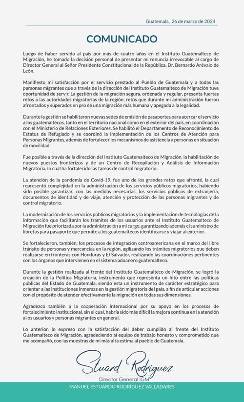 Comunicado de Stuard Rodr&iacute;guez.