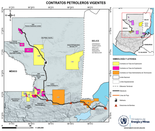 Mapa de los contratos de operaciones petroleras de exploración (en amarillo) y
explotación (fucsia). (Foto: Informe Estadístico Sector Hidrocarburos MEM/Soy502)