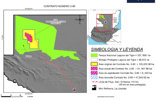 El mapa muestra en verde el Parque Nacional Laguna del Tigre y en rosado el área del Contrato 2-85. (Foto: MEM/Soy502)