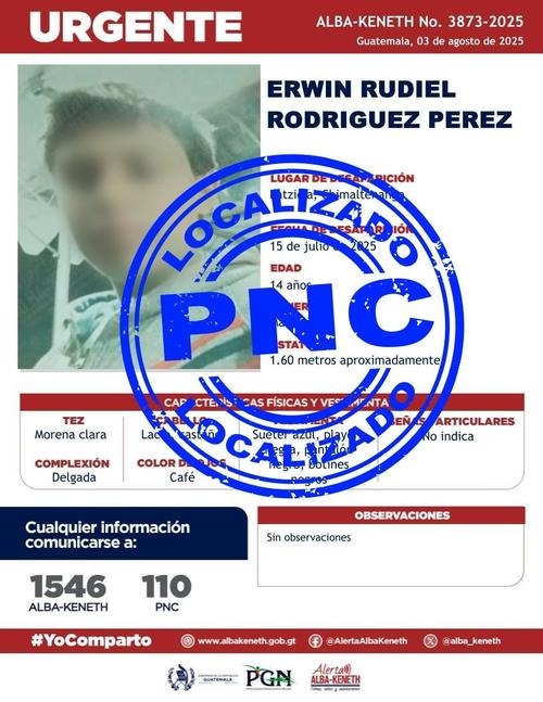 El adolescente fue visto por última vez en Patzicía el 15 de julio y fue localizado en la zona 2 de Tecpán, Chimaltenango. (Imagen: PNC) 