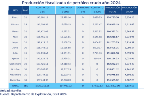 Esta fue la producción fiscalizada de petróleo crudo por contrato vigente durante 2024. (Foto: MEM/Soy502)
