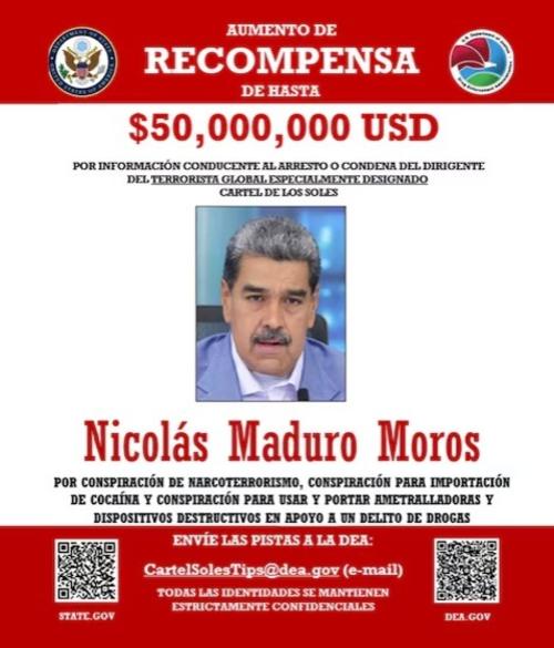 Estados Unidos ofreció una recompensa de $50 millones por información para la captura de Nicolás Maduro. (Foto: vía Infobae) 
