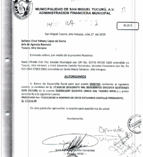Autorización girada por el acusado para el desvío de fondos de la Municipalidad. (Foto: MP)