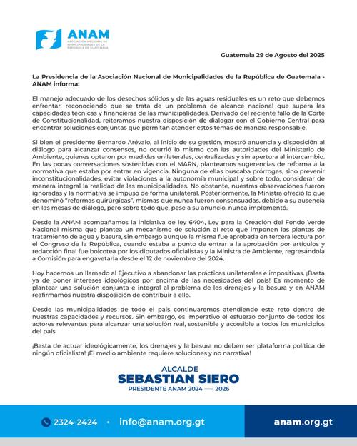 Comunicado oficial de la Asociación Nacional de Municipalidades de Guatemala. (Foto: ANAM)