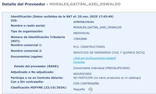 El proyecto fue adjudicado para la ejecución mediante el contrato número 418, por un monto de más de Q3 millones.(Imagen: captura de pantalla/Guatecompras)