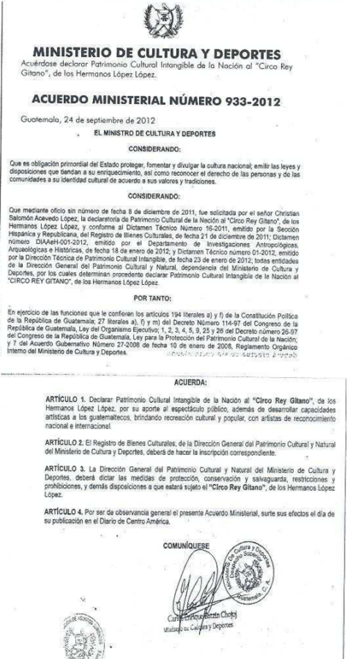 Declaratoria de Patrimonio Cultural Intangible de la Naci&oacute;n emitida para el Circo Rey Gitano en 2012. (Foto: MCD/Soy502)