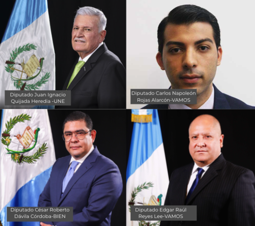 Los diputados Juan Ignacio Quijada Heredia de la UNE, Carlos Napole&oacute;n Rojas Alarc&oacute;n de VAMOS, C&eacute;sar Roberto D&aacute;vila C&oacute;rdoba de BIEN y Diputado Edgar Ra&uacute;l Reyes Lee de VAMOS son los diputados que registraron menor presencia en el Congreso este 2025. 
(Fotos: Congreso Guatemala)