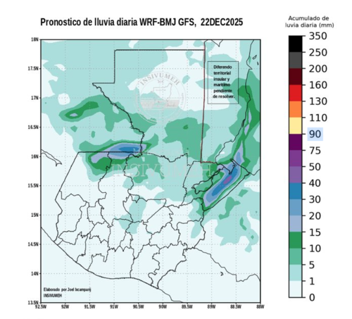 Pron&oacute;stico de lluvia diaria para el 22 de diciembre presentado por el Insivumeh. (Foto: Insivumeh/Soy502)