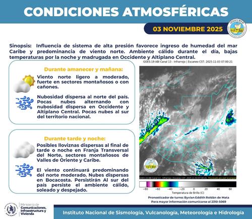 Además, se prevén además lloviznas dispersas en la Franja Transversal del Norte y los Valles de Oriente. (Imagen: Insivumeh)