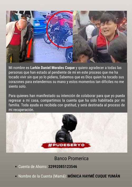 Cuenta bancaria para quienes quieran apoyar económicamente a Larkin Daniel. (Foto: cortesía)