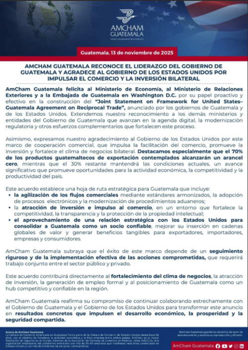 Pronunciamiento emitido por AmCham Guatemala sobre el acuerdo alcanzado con Estados Unidos. (Foto: Cortesía/Soy502)