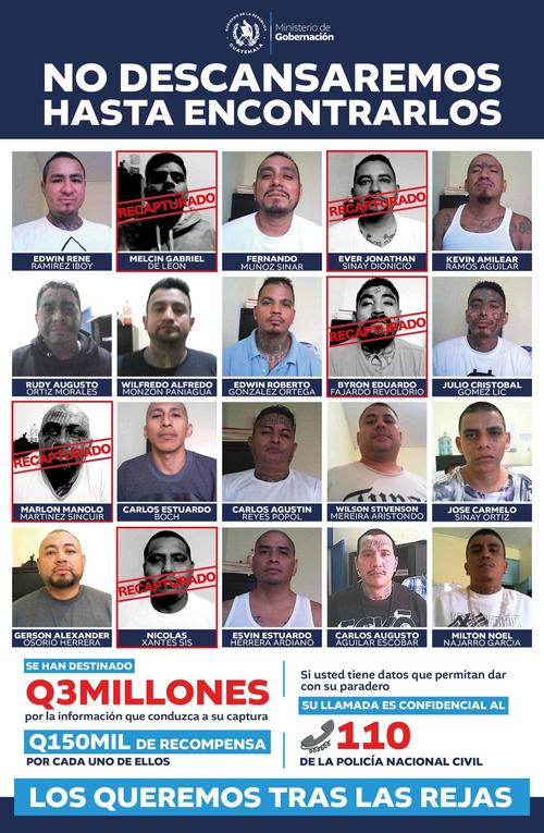 Hasta el momento se han recapturado a 5 de los 20 reos fugados de Fraijanes II. (Foto: PNC)