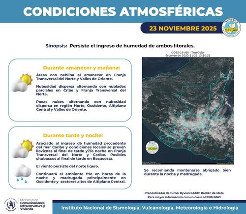 Este es el reporte presentado por el Insivumeh para este 23 de noviembre. (Foto: CIV/Soy502)