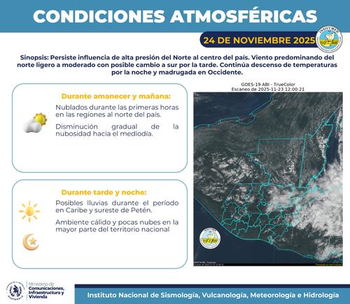 Reporte de condiciones atmosféricas para el 24 de noviembre. (Foto: Insivumeh/Soy502)