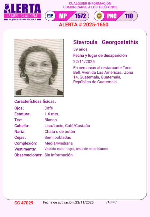 Stavroula Georgostathis desapareció el 22 de noviembre de 2025. (Foto: MP)