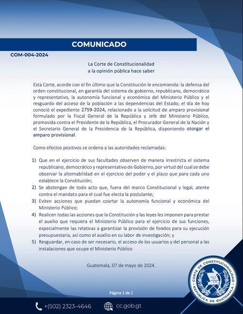 Comunicado de prensa emitido por la CC el 7 de mayo de 2024. (Foto: Archivo/Soy502)