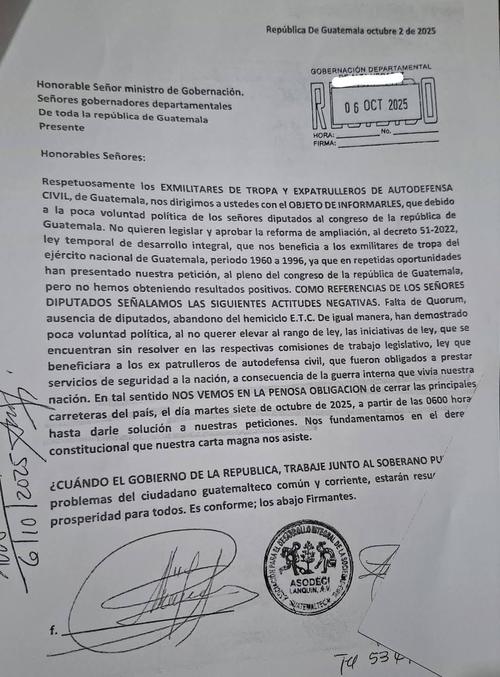 Oficio presentado por los exmilitares y expatrulleros anunciando cierres de carreteras. (Foto: redes sociales)
