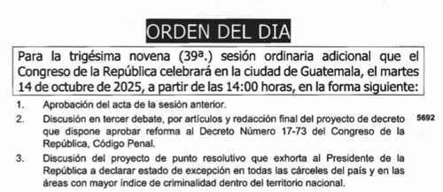Extracto del Orden del Día aprobado este lunes en la instancia de Jefes de Bloque. (Foto: Captura de pantalla/Soy502)