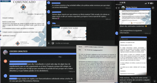 Estos mensajes circularon entre vecinos de Cayalá entre el 14 y 16 de agosto de 2025. (Foto: Capturas de pantalla/Soy502)