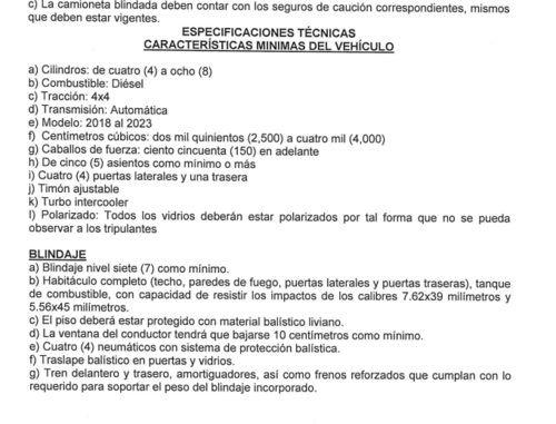 Estas son las especificaciones técnicas que solicitó el SP para el alquiler de la camioneta blindada. (Foto: captura de pantalla)