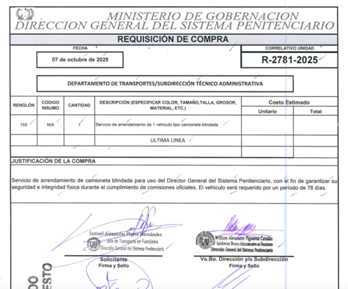Esta es la requisición realizada por el Sistema Penitenciario para el alquiler de una camioneta blindada. (Foto: Captura de pantalla)