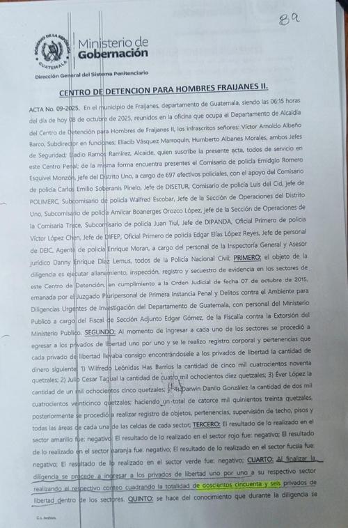 Esta es el acta del SP de fecha 8 octubre en el que señala que habían 256 reos y la cual está en investigación del MP. (Foto: cortesía) 