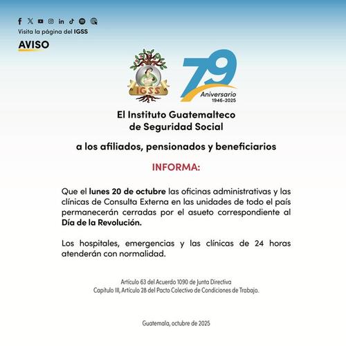 Los hospitales, emergencias y las clínicas de 24 horas atenderán con normalidad. (Imagen: IGSS)