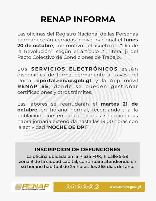 Los trámites electrónicos de Renap estarán disponibles con normalidad. (Imagen: Renap)
