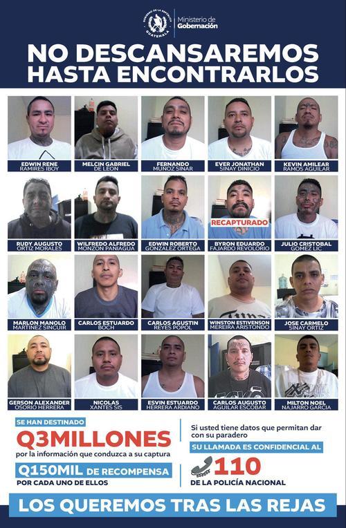 Se recapturan a 3 de los 20 pandilleros evadidos en Fraijanes II. (Foto: PNC)