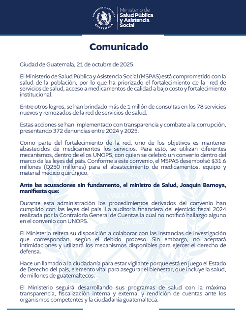Comunicado oficial del Ministerio de Salud Pública y Asistencia Social. (Foto: MSPAS)