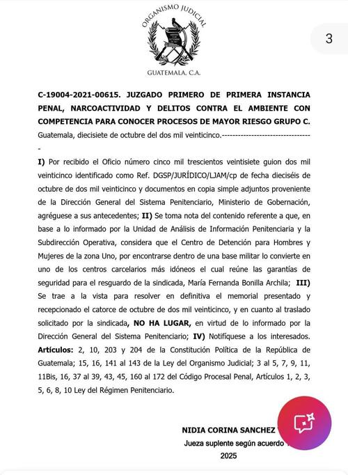 Jueza suplente rechaza petición de María Fernanda Bonilla para el cambio de prisión. (Foto: cortesía)