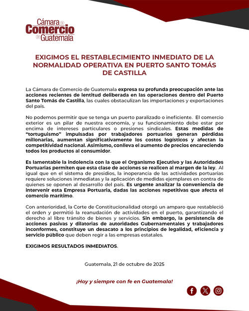 Comunicado emitido por la Cámara de Comercio de Guatemala sobre la situación en Santo Tomás de Castilla. (Foto: CCG/Soy502)