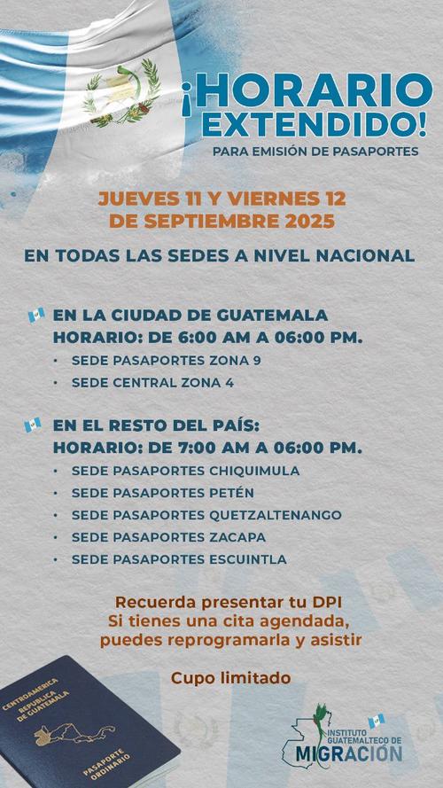 Las siete sedes a nivel nacional tendrán horario extendido para el próximo jueves 11 y viernes 12 de septiembre. (Foto: IGM)