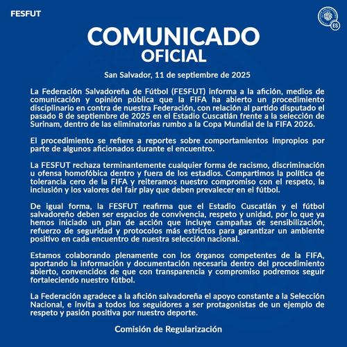Comunicado oficial de la Federación Salvadoreña de Fútbol. (Foto: Fesfut)