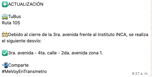Alerta emitida en el Canal de WhatsApp del Transmetro y TuBus, con información de las rutas este 15 de septiembre. (Foto: Canal de WhastApp Transmetro TuBus Muniguate/Soy502)