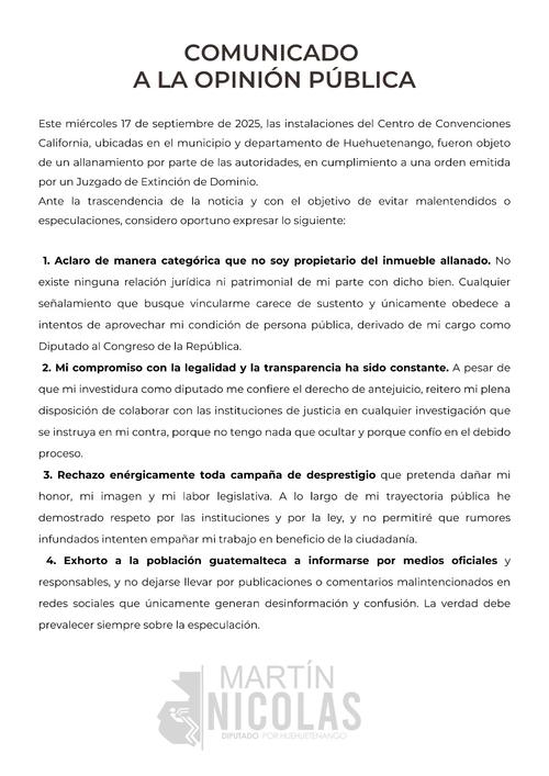Postura emitida por el diputado Martín Nicolás, en donde afirma que no es propietario del inmueble allanado por el MP. (Foto: Cortesía/Soy502)