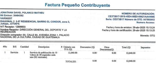 Esta es una de las facturas emitidas por las publicaciones que paga la Dirección de General del Deporte y la Recreación. (Fuente: Guatecompras)