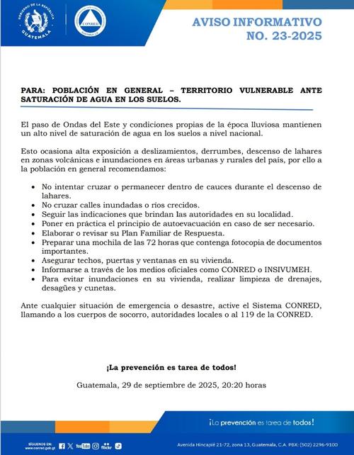 Recomendaciones de las autoridades hacia la población en general. (Foto: Conred)