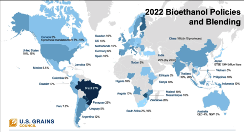 Mapa de la implementaci&oacute;n de pol&iacute;ticas para el uso del etanol en el mundo hasta 2022. (Foto: U.S. Grains Council)