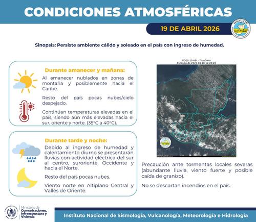 Autoridades advierten sobre posibles altas temperaturas en algunas regiones y otras con tormentas severas. (Imagen: Insivumeh)