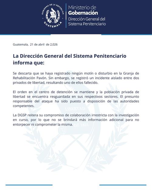 Comunicado oficial de la Direcci&oacute;n General del Sistema Penitenciario. (Imagen: SP)