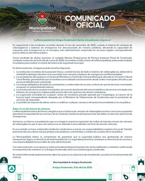 Comunicado Municipalidad Antigua Guatemala. (Foto: Cortesia)