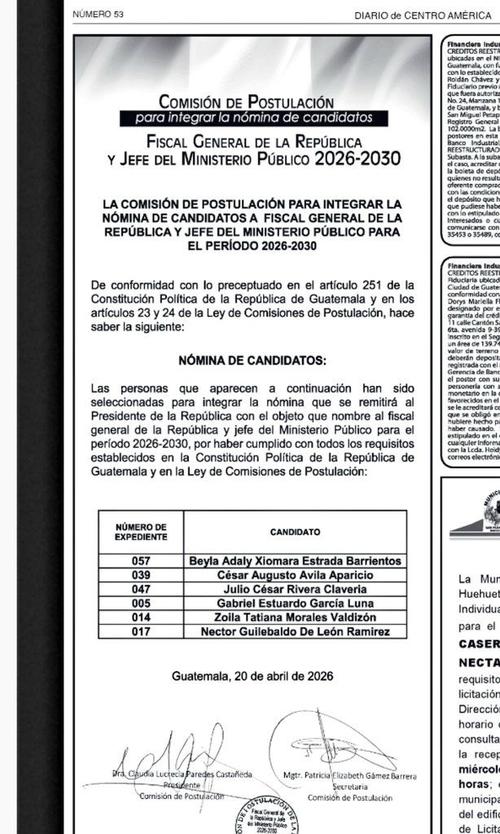 En el Diario de Centroam&eacute;rica se public&oacute; la n&oacute;mina de seis aspirantes a Fiscal General. (Foto: DCA)
