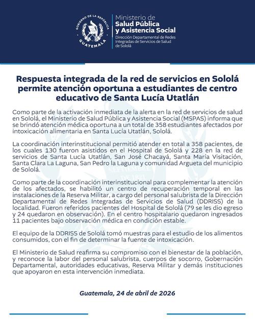 La cartera de Salud indic&oacute; que 358 estudiantes fueron afectados. (Imagen: MSPAS)