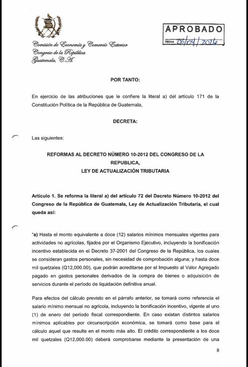 El decreto 13-2026 ampl&iacute;a el monto de ingresos que no pagan ISR para trabajadores en relaci&oacute;n de dependencia p&uacute;blica o privada. (Imagen: captura de pantalla) 