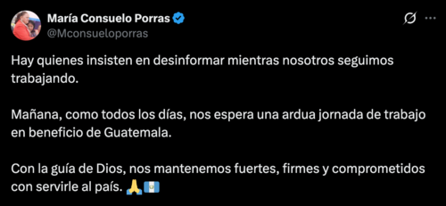 Consuelo Porras asegur&oacute; en X que se encuentra en el pa&iacute;s y rechaz&oacute; los se&ntilde;alamientos. (Imagen: captura de pantalla)