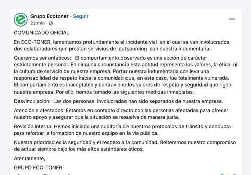 Momentos despu&eacute;s del percance, la empresa se pronunci&oacute; por medio de un comunicado. (Foto: Redes Sociales)
